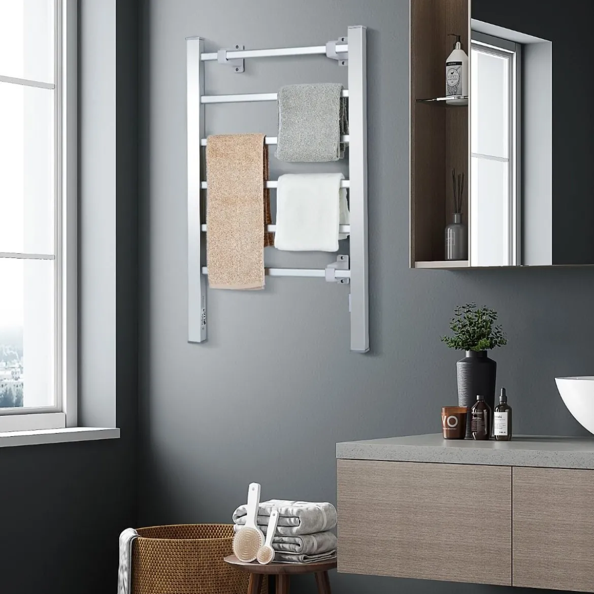 Handtuchhalter Multifunktionaler Elektrischer Handtuchwärmer mit 6 Stangen Silbern