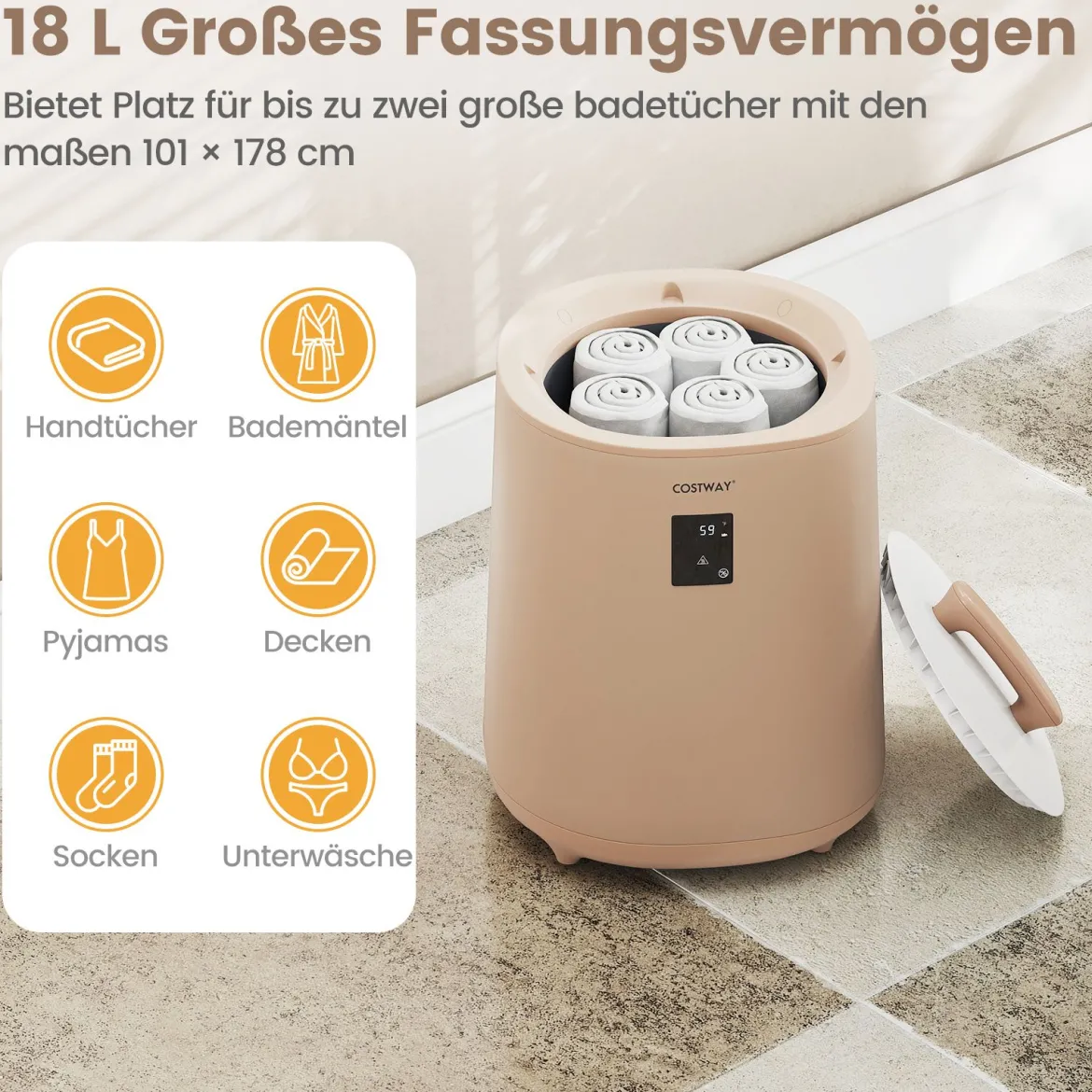 Handtuchwärmer 18 L Deckenwärmer mit LED-Anzeige & automatischer Abschaltung tragbarer heißer Handtuchbehälter Braun