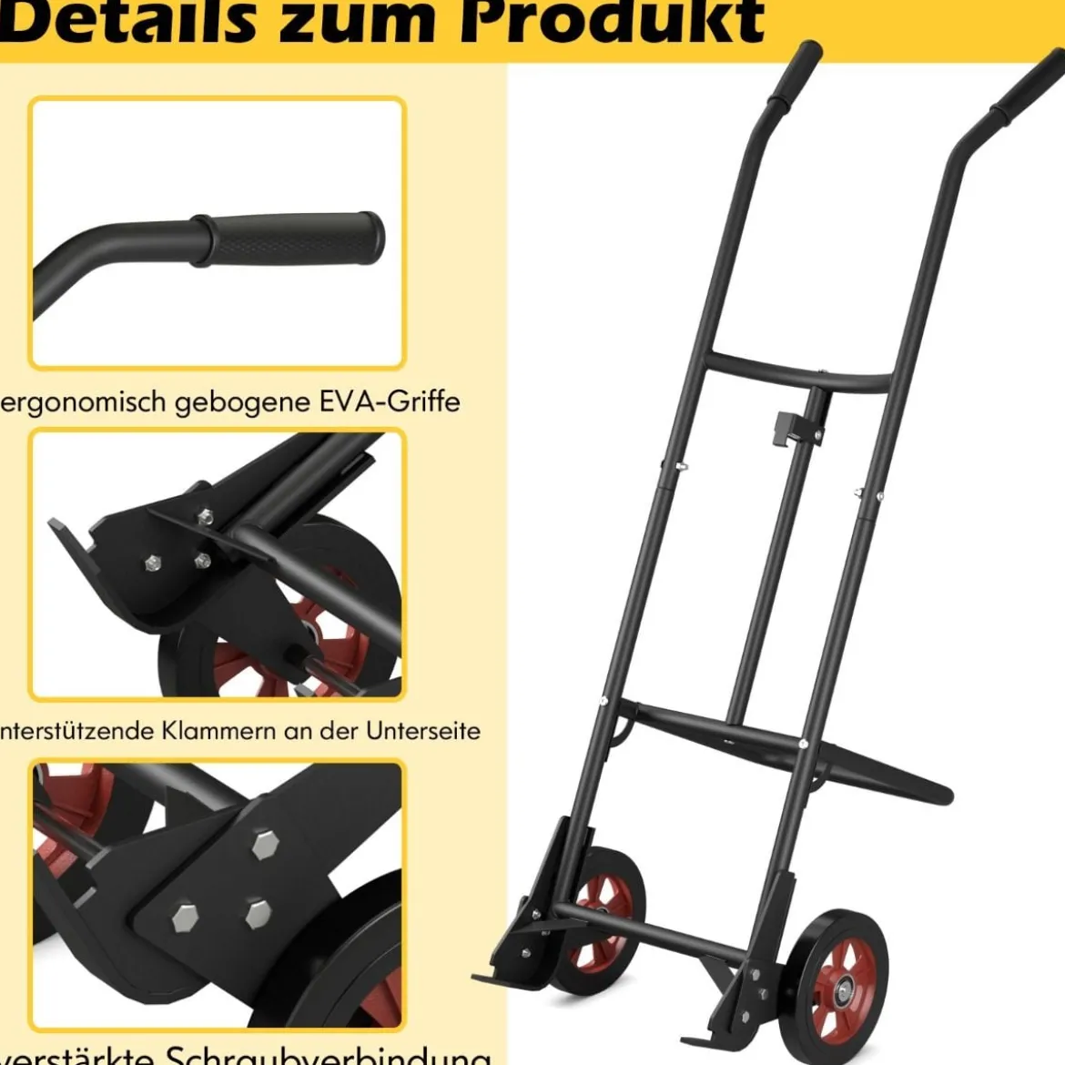 Handwagen zum Fasstransport mit 2 Gummirädern & Glockenhaken mit Feder Schwarz