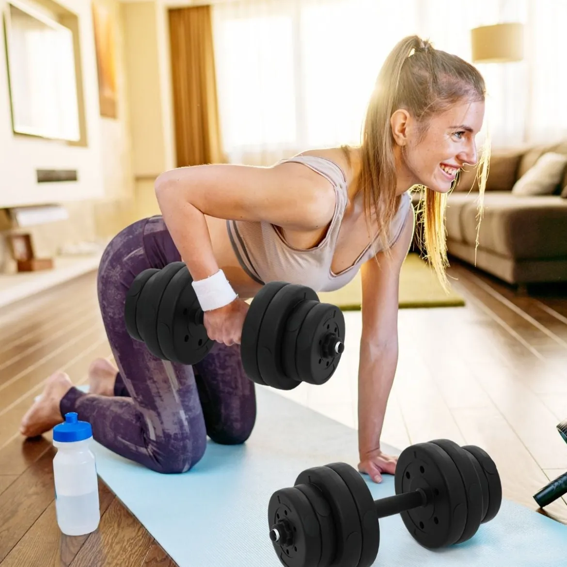 Hantelset 2 in 1 Langhantel 2er Set Hantelscheiben Kurzhantel Scheiben Krafttraining mit 16 Hantelscheiben