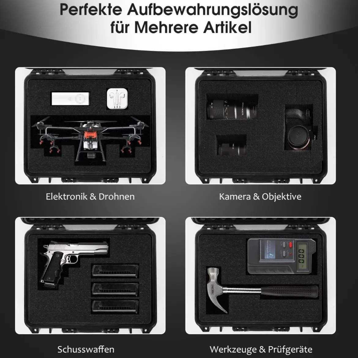 13" Hartschalen-Kamerakoffer mit Anpassbarem Schaumstoffeinsatz Wasserdichter Koffer Schwarz