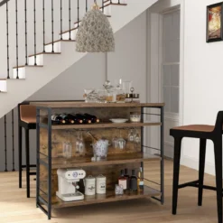 Hausbar Schrank mit 4 Offenen Ablagen & Weinregal & Gläserhalter Küchenregal