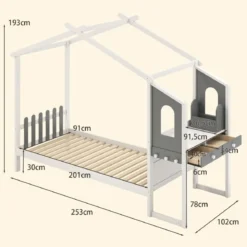 Hausbett mit Schreibtisch & Schubladen & Haken Kinderbett in Hausform mit Lattenrost
