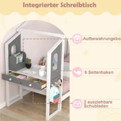 Hausbett mit Schreibtisch & Schubladen & Haken Kinderbett in Hausform mit Lattenrost