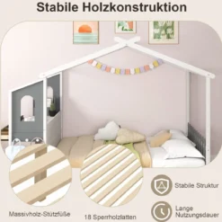 Hausbett mit Schreibtisch & Schubladen & Haken Kinderbett in Hausform mit Lattenrost