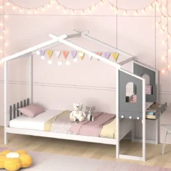 Hausbett mit Schreibtisch & Schubladen & Haken Kinderbett in Hausform mit Lattenrost