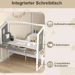 Hausbett mit Schreibtisch & Schubladen & Haken Kinderbett in Hausform mit Lattenrost