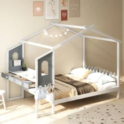Hausbett mit Schreibtisch & Schubladen & Haken Kinderbett in Hausform mit Lattenrost