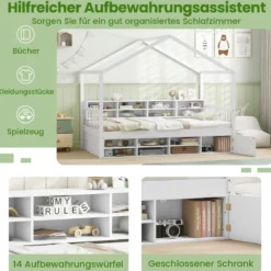 Hausbett 200 x 90 cm Kinderbett in Hausform mit Rausfallschutz & Lattenrost mit 14 Fächern Weiß