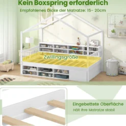 Hausbett 200 x 90 cm Kinderbett in Hausform mit Rausfallschutz & Lattenrost mit 14 Fächern Weiß