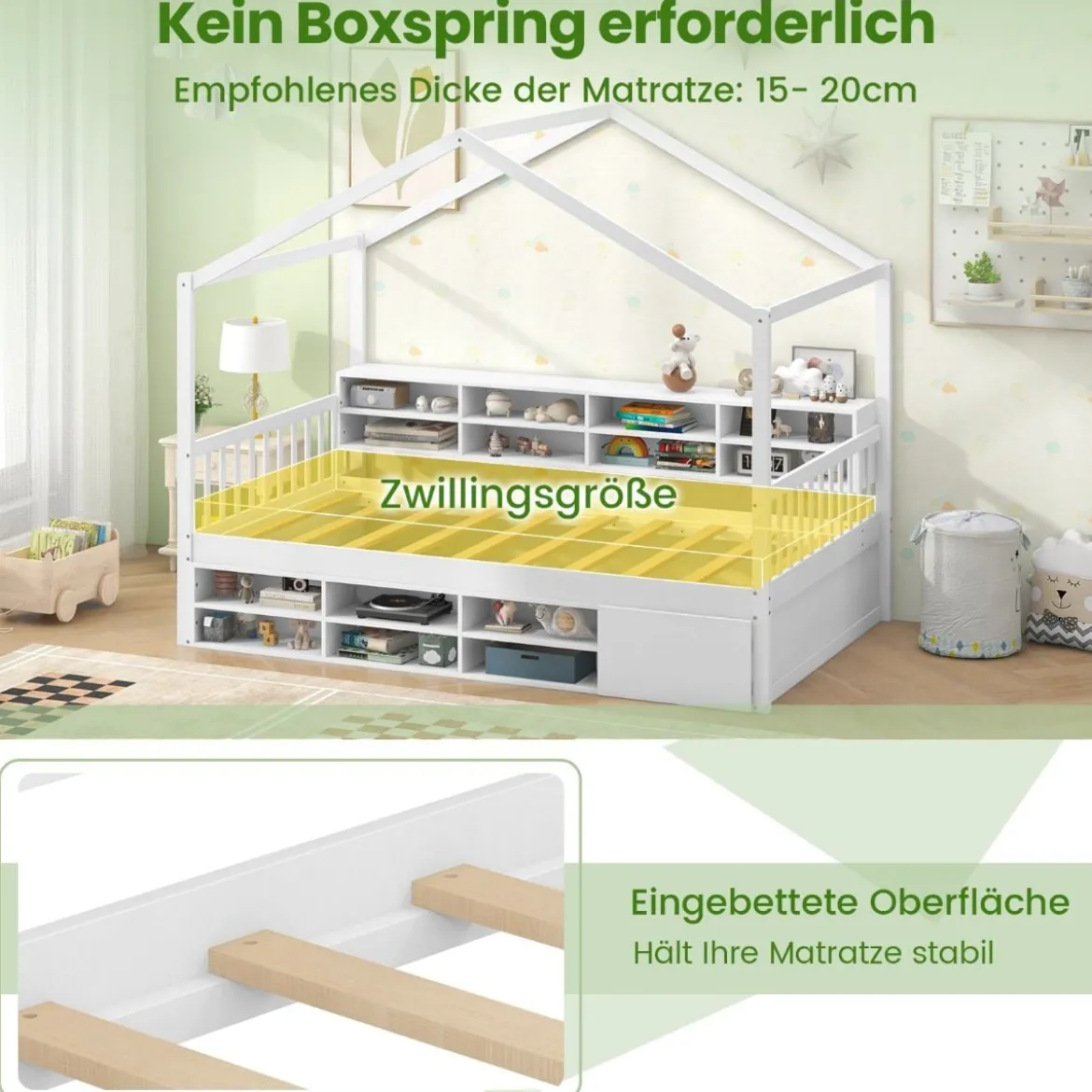 Hausbett 200 x 90 cm Kinderbett in Hausform mit Rausfallschutz & Lattenrost mit 14 Fächern Weiß