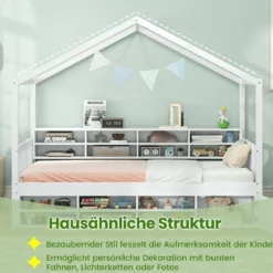 Hausbett 200 x 90 cm Kinderbett in Hausform mit Rausfallschutz & Lattenrost mit 14 Fächern Weiß