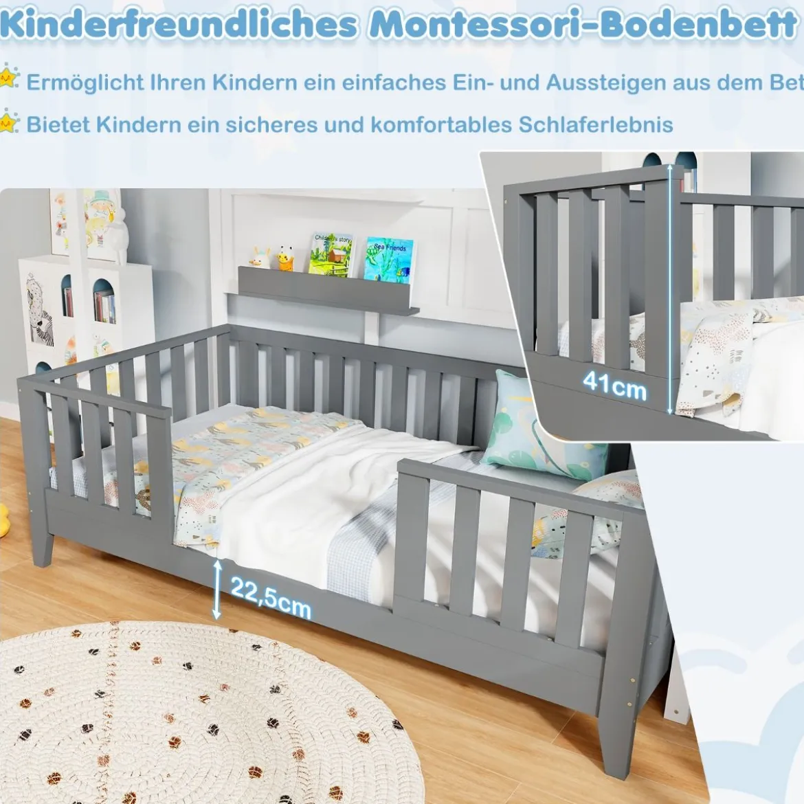 Hausbett 90 x 200 cm Kinderbett mit Rausfallschutz und 2 Regalen Holzbett in Hausform mit Fenster Weiß + Grau