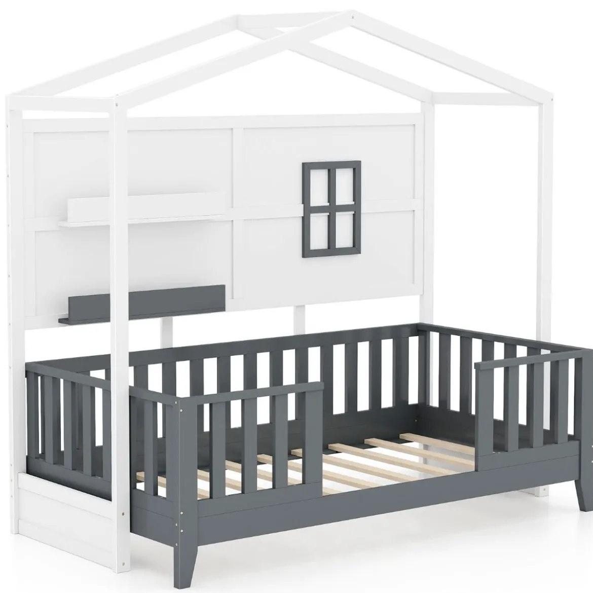 Hausbett 90 x 200 cm Kinderbett mit Rausfallschutz und 2 Regalen Holzbett in Hausform mit Fenster Weiß + Grau