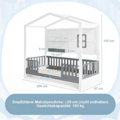 Hausbett 90 x 200 cm Kinderbett mit Rausfallschutz und 2 Regalen Holzbett in Hausform mit Fenster Weiß + Grau