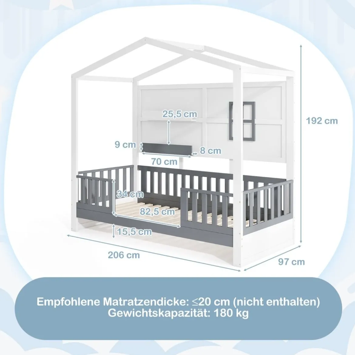 Hausbett 90 x 200 cm Kinderbett mit Rausfallschutz und 2 Regalen Holzbett in Hausform mit Fenster Weiß + Grau