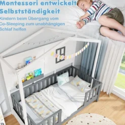 Hausbett 90 x 200 cm Kinderbett mit Rausfallschutz und 2 Regalen Holzbett in Hausform mit Fenster Weiß + Grau