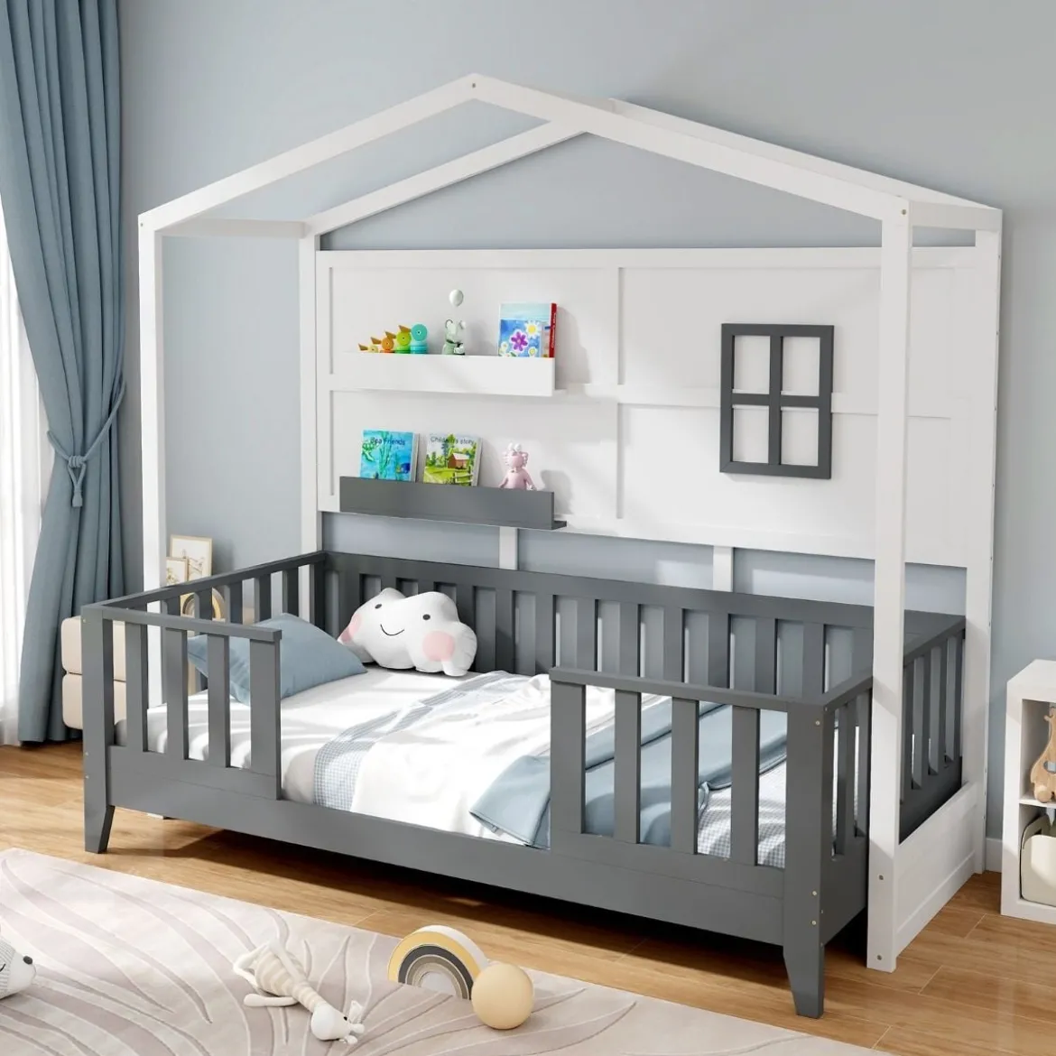 Hausbett 90 x 200 cm Kinderbett mit Rausfallschutz und 2 Regalen Holzbett in Hausform mit Fenster Weiß + Grau