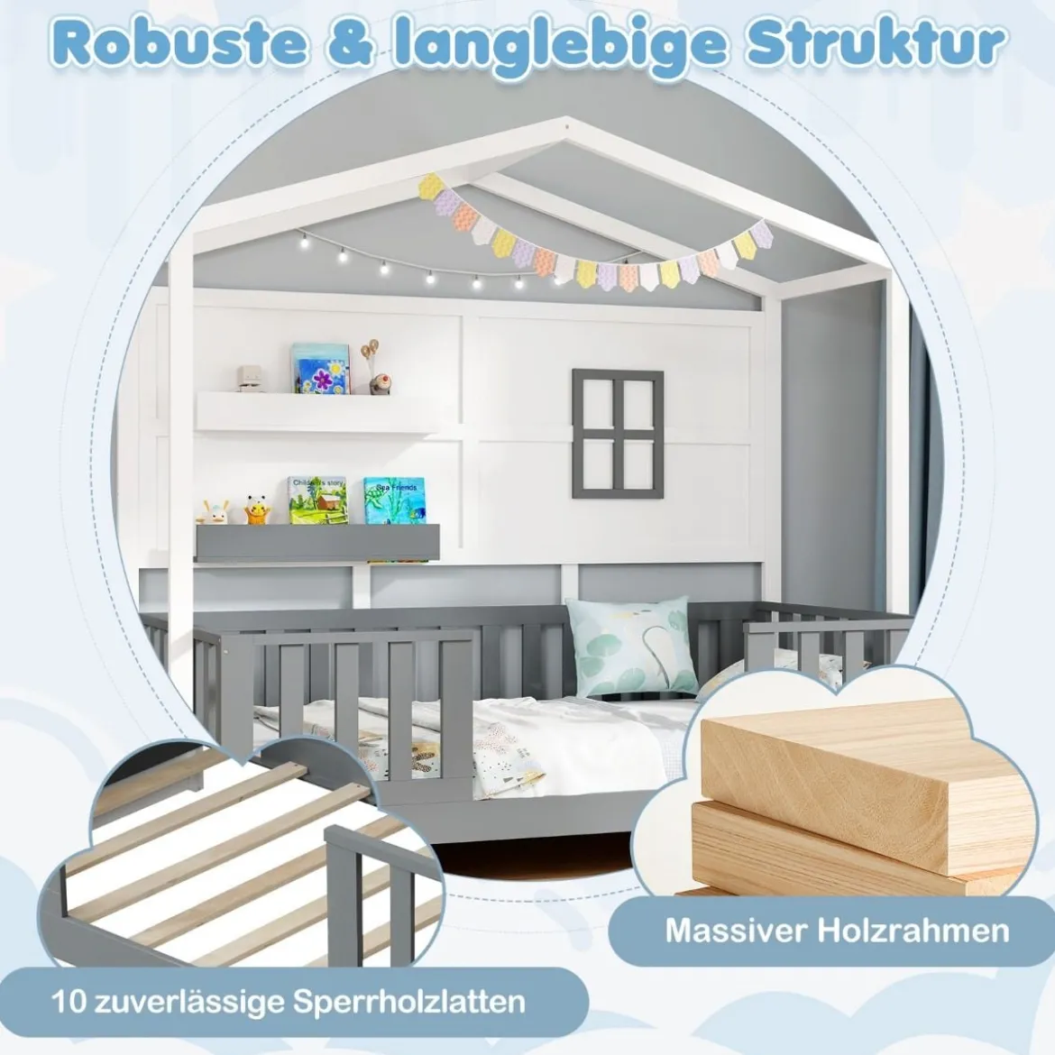 Hausbett 90 x 200 cm Kinderbett mit Rausfallschutz und 2 Regalen Holzbett in Hausform mit Fenster Weiß + Grau
