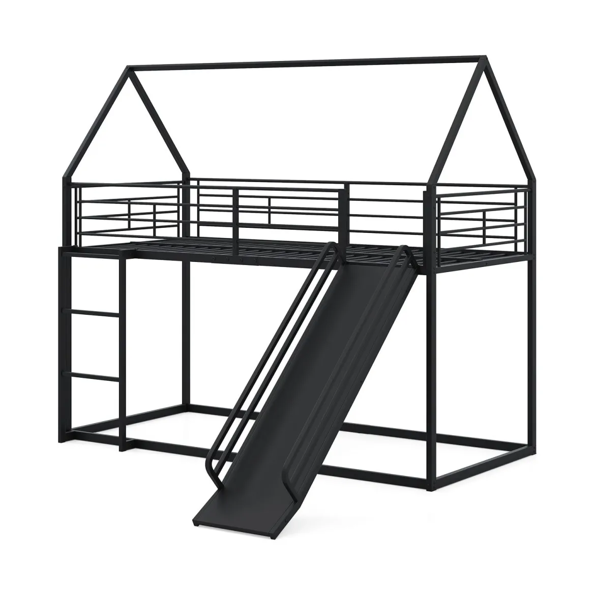 Haus-Etagenbett mit Rutsche niedriges Etagenbettgestell mit Sicherheitsgeländer & Leiter Hochbett 200 x 90 cm Schwarz/Weiß