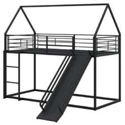 Haus-Etagenbett mit Rutsche niedriges Etagenbettgestell mit Sicherheitsgeländer & Leiter Hochbett 200 x 90 cm Schwarz/Weiß