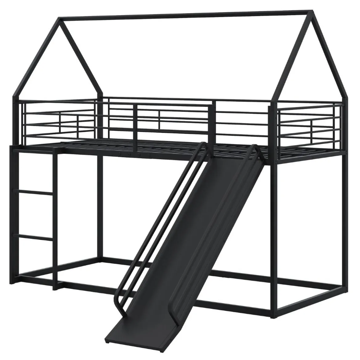 Haus-Etagenbett mit Rutsche niedriges Etagenbettgestell mit Sicherheitsgeländer & Leiter Hochbett 200 x 90 cm Schwarz/Weiß
