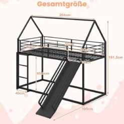 Haus-Etagenbett mit Rutsche niedriges Etagenbettgestell mit Sicherheitsgeländer & Leiter Hochbett 200 x 90 cm Schwarz/Weiß
