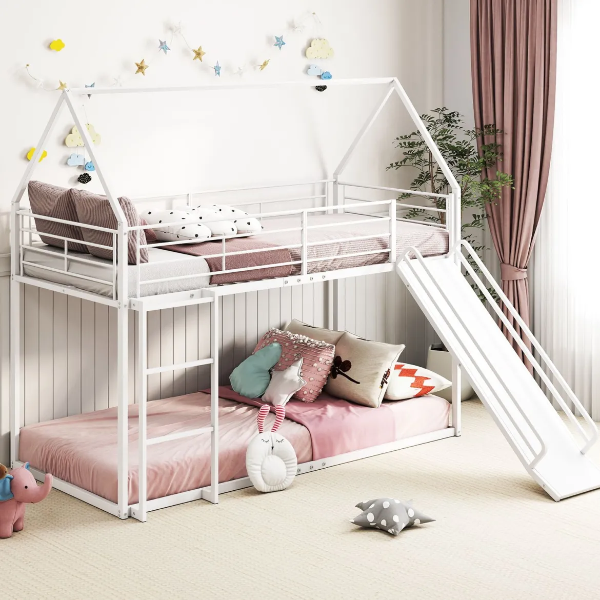 Haus-Etagenbett mit Rutsche niedriges Etagenbettgestell mit Sicherheitsgeländer & Leiter Hochbett 200 x 90 cm Schwarz/Weiß