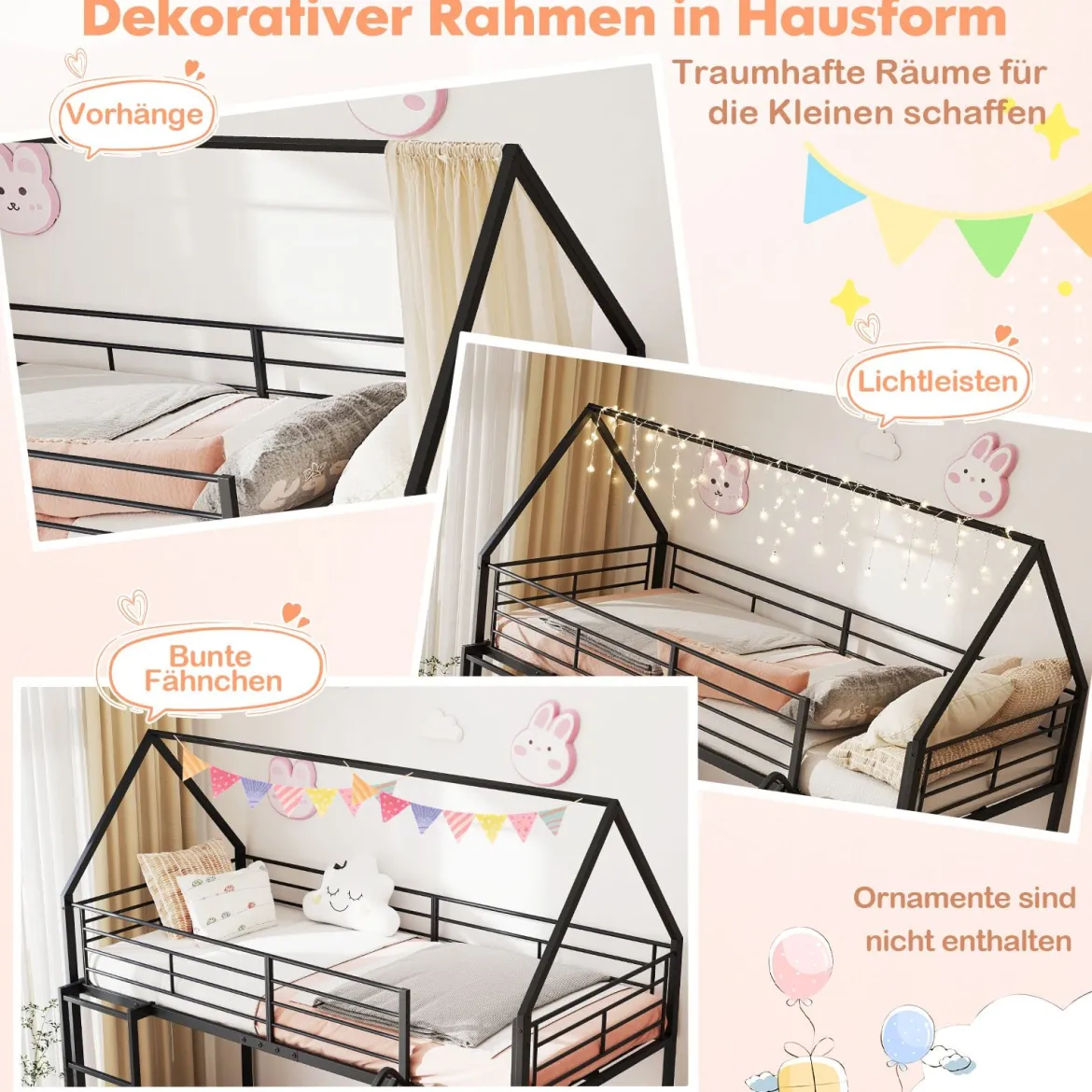 Haus-Etagenbett mit Rutsche niedriges Etagenbettgestell mit Sicherheitsgeländer & Leiter Hochbett 200 x 90 cm Schwarz/Weiß