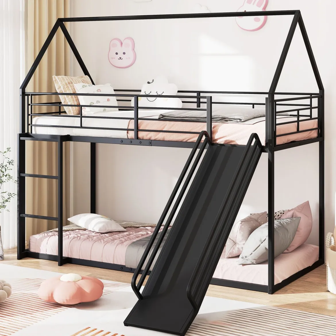 Haus-Etagenbett mit Rutsche niedriges Etagenbettgestell mit Sicherheitsgeländer & Leiter Hochbett 200 x 90 cm Schwarz/Weiß