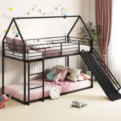 Haus-Etagenbett mit Rutsche niedriges Etagenbettgestell mit Sicherheitsgeländer & Leiter Hochbett 200 x 90 cm Schwarz/Weiß