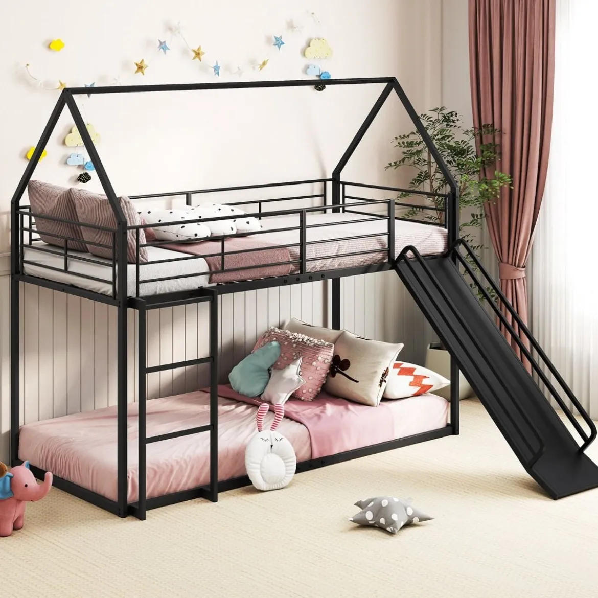 Haus-Etagenbett mit Rutsche niedriges Etagenbettgestell mit Sicherheitsgeländer & Leiter Hochbett 200 x 90 cm Schwarz/Weiß