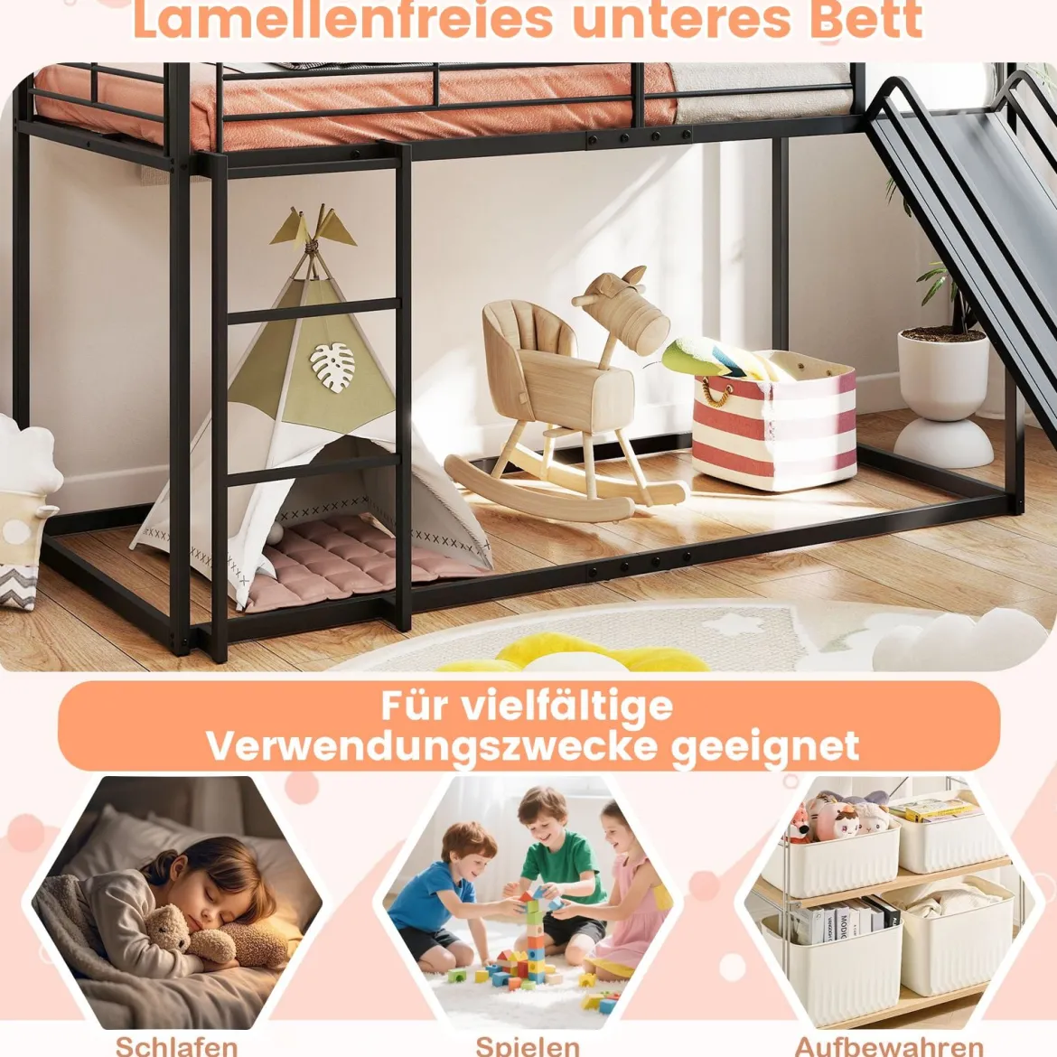 Haus-Etagenbett mit Rutsche niedriges Etagenbettgestell mit Sicherheitsgeländer & Leiter Hochbett 200 x 90 cm Schwarz/Weiß