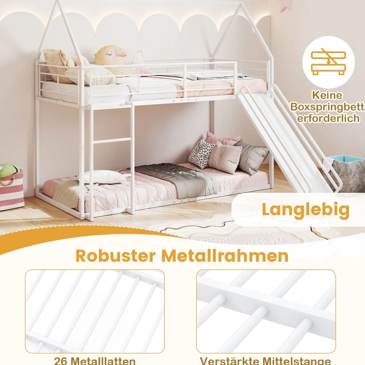 Haus-Etagenbett mit Rutsche niedriges Etagenbettgestell mit Sicherheitsgeländer & Leiter Hochbett 200 x 90 cm Schwarz/Weiß