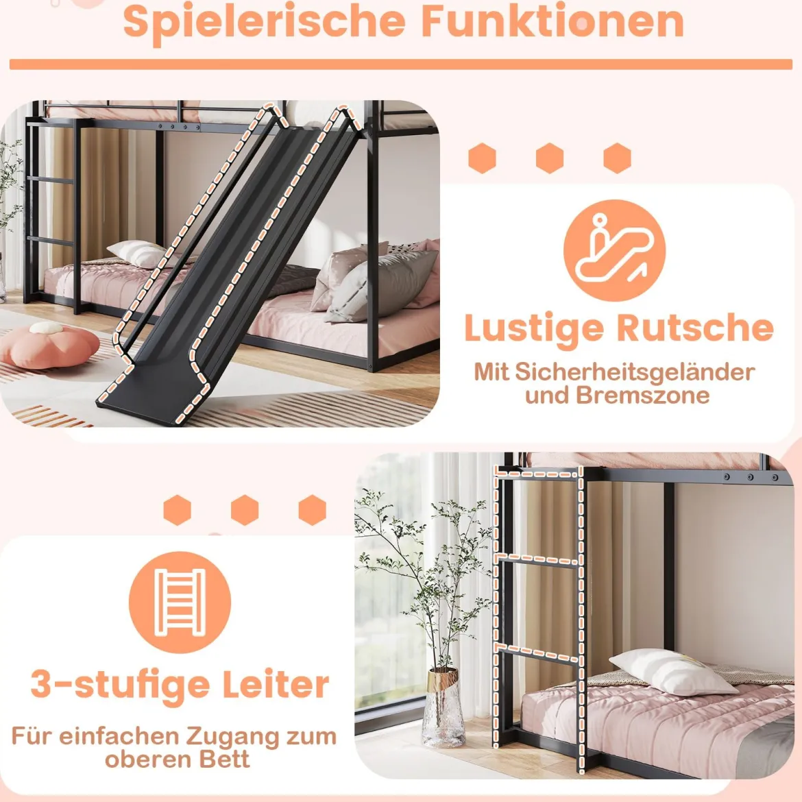 Haus-Etagenbett mit Rutsche niedriges Etagenbettgestell mit Sicherheitsgeländer & Leiter Hochbett 200 x 90 cm Schwarz/Weiß