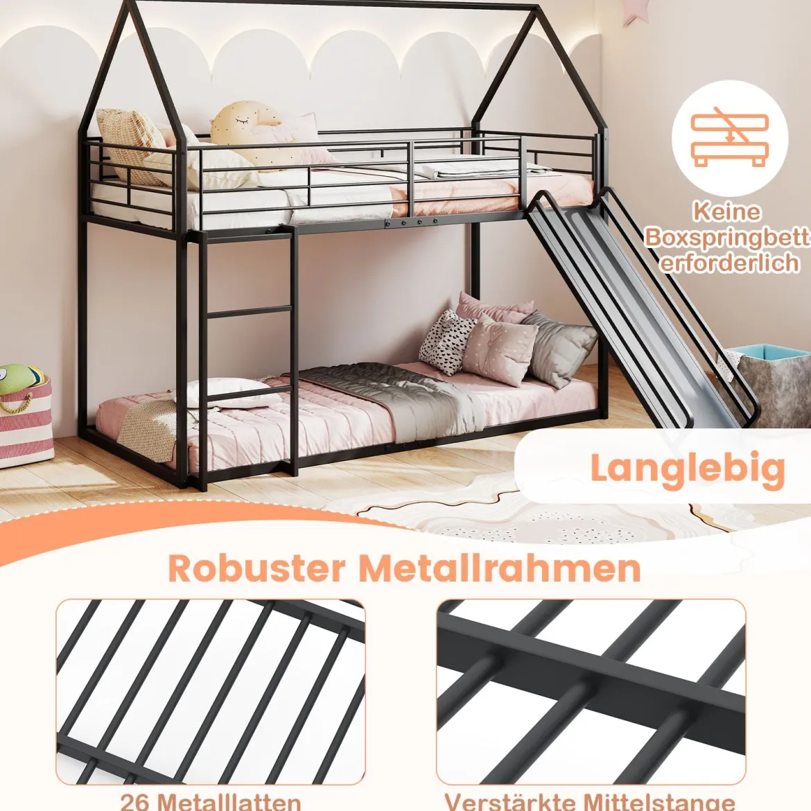 Haus-Etagenbett mit Rutsche niedriges Etagenbettgestell mit Sicherheitsgeländer & Leiter Hochbett 200 x 90 cm Schwarz/Weiß