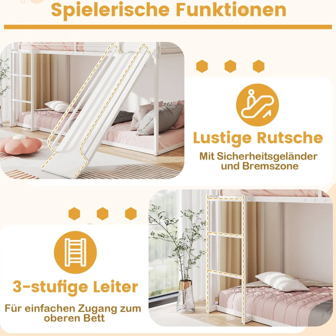 Haus-Etagenbett mit Rutsche niedriges Etagenbettgestell mit Sicherheitsgeländer & Leiter Hochbett 200 x 90 cm Schwarz/Weiß