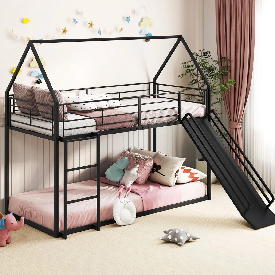 Haus-Etagenbett mit Rutsche niedriges Etagenbettgestell mit Sicherheitsgeländer & Leiter Hochbett 200 x 90 cm Schwarz/Weiß