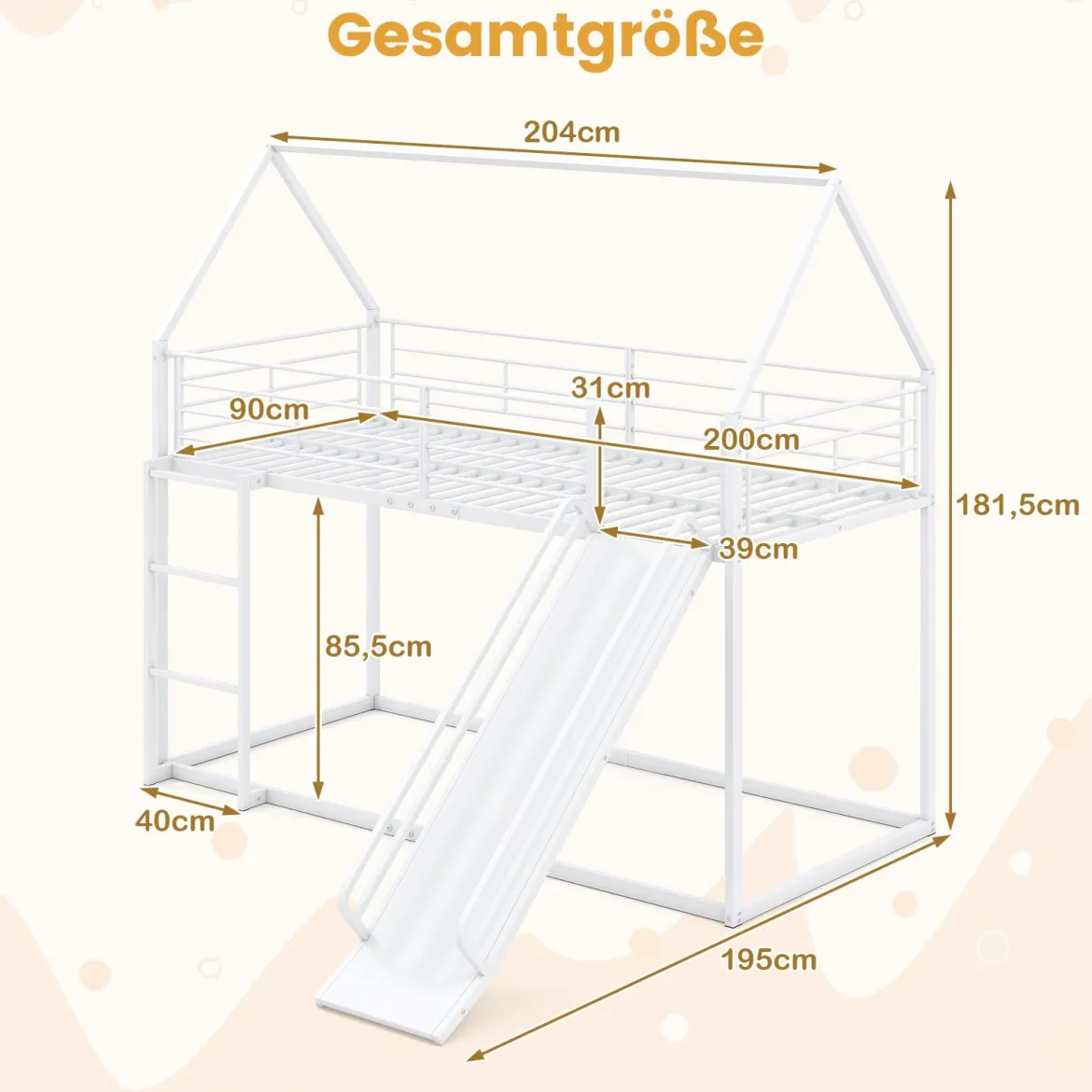 Haus-Etagenbett mit Rutsche niedriges Etagenbettgestell mit Sicherheitsgeländer & Leiter Hochbett 200 x 90 cm Schwarz/Weiß