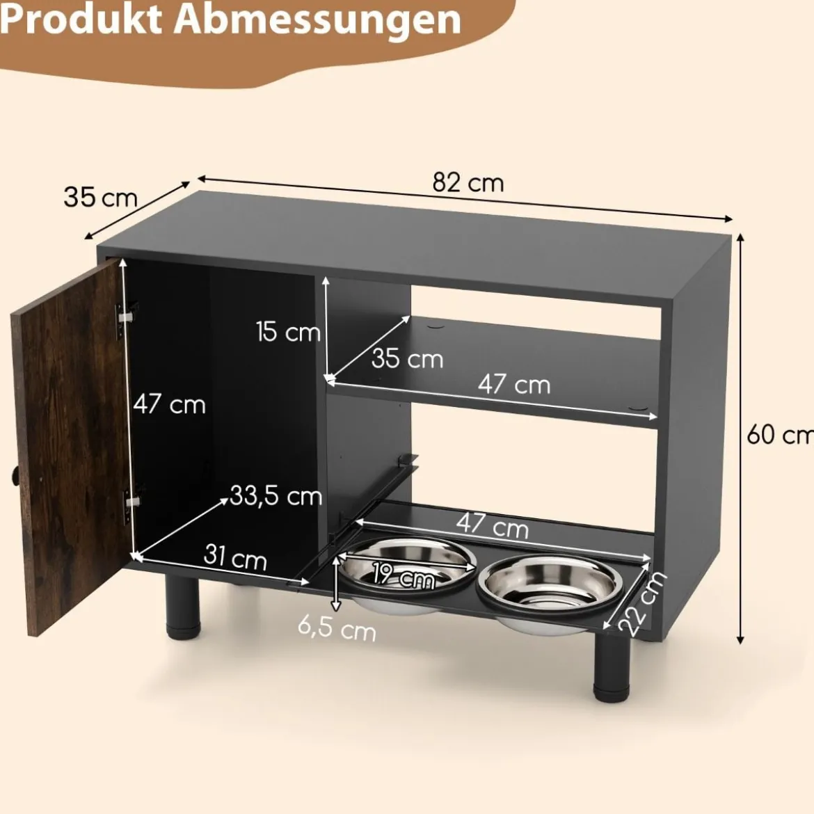 Haustier-Futterschrank mit 2 Edelstahlnäpfen Ausziehbare & höhenverstellbare Futterstation Braun