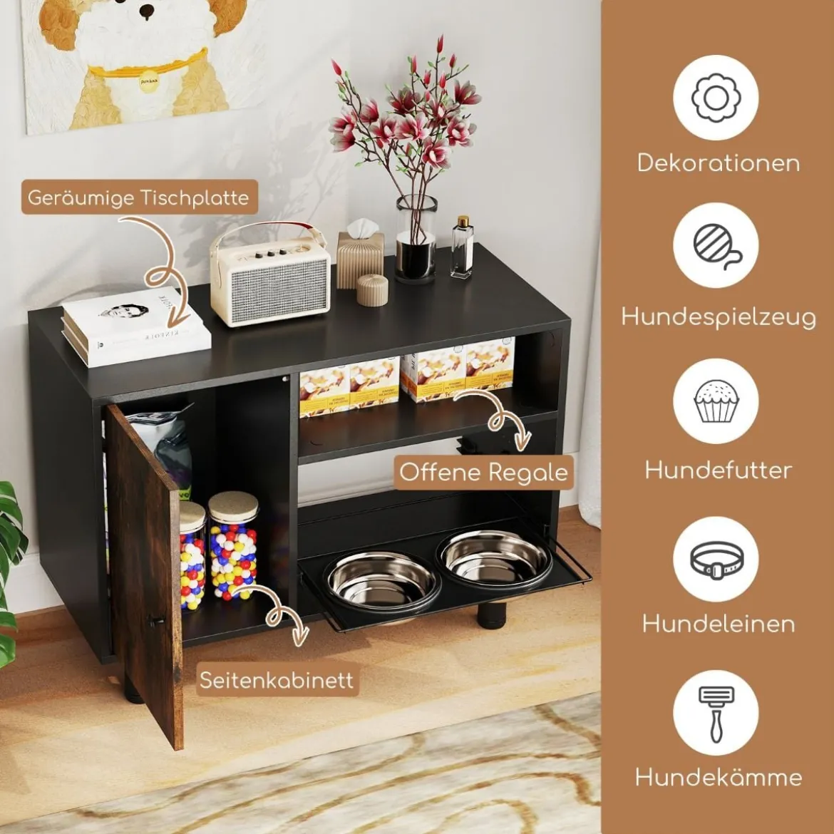 Haustier-Futterschrank mit 2 Edelstahlnäpfen Ausziehbare & höhenverstellbare Futterstation Braun