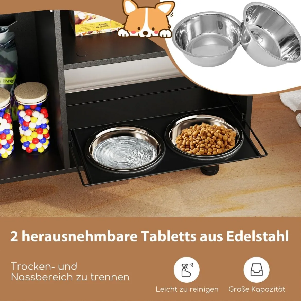 Haustier-Futterschrank mit 2 Edelstahlnäpfen Ausziehbare & höhenverstellbare Futterstation Braun