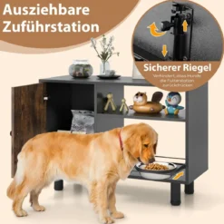 Haustier-Futterschrank mit 2 Edelstahlnäpfen Ausziehbare & höhenverstellbare Futterstation Braun