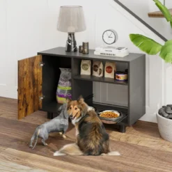 Haustier-Futterschrank mit 2 Edelstahlnäpfen Ausziehbare & höhenverstellbare Futterstation Braun