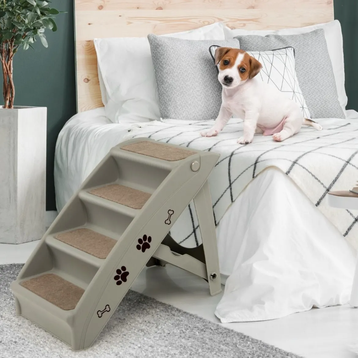 Haustiertreppe mit 4 Stufen Tragbare Kletterleiter Sichere Hunderampe 62,5 x 38 x 49 cm Grau
