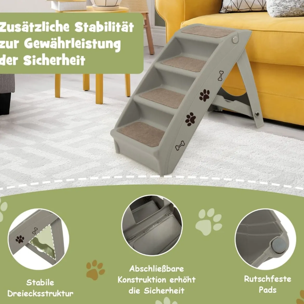Haustiertreppe mit 4 Stufen Tragbare Kletterleiter Sichere Hunderampe 62,5 x 38 x 49 cm Grau