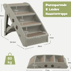 Haustiertreppe mit 4 Stufen Tragbare Kletterleiter Sichere Hunderampe 62,5 x 38 x 49 cm Grau