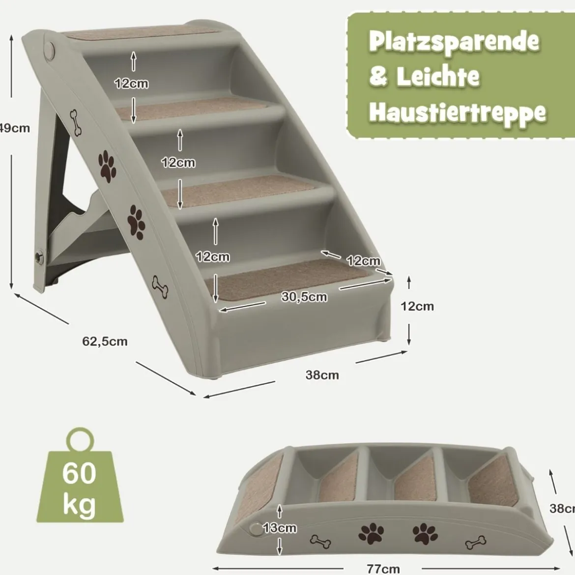 Haustiertreppe mit 4 Stufen Tragbare Kletterleiter Sichere Hunderampe 62,5 x 38 x 49 cm Grau