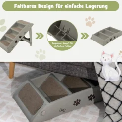 Haustiertreppe mit 4 Stufen Tragbare Kletterleiter Sichere Hunderampe 62,5 x 38 x 49 cm Grau