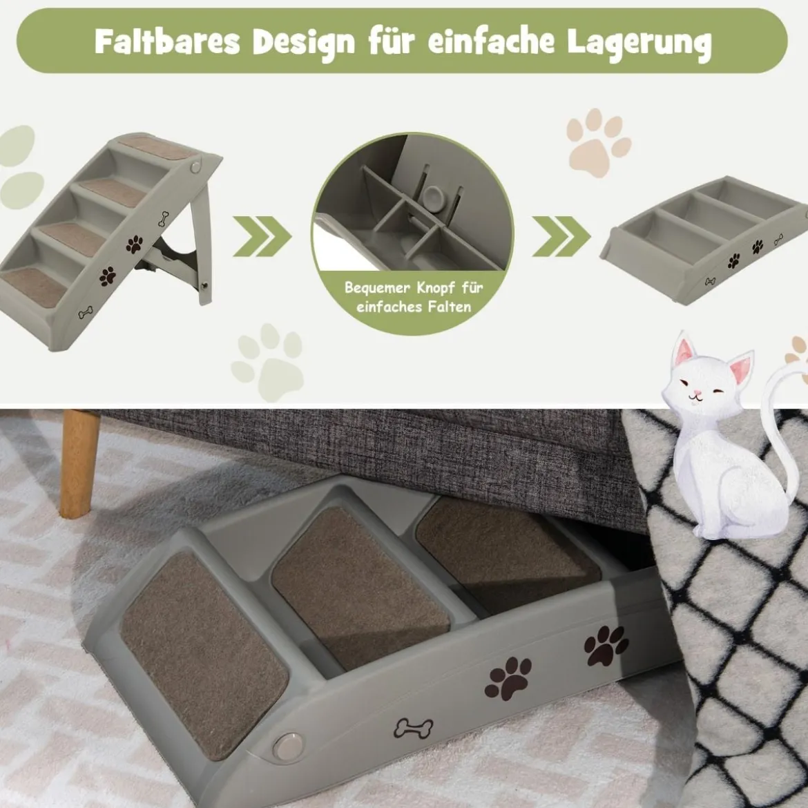 Haustiertreppe mit 4 Stufen Tragbare Kletterleiter Sichere Hunderampe 62,5 x 38 x 49 cm Grau